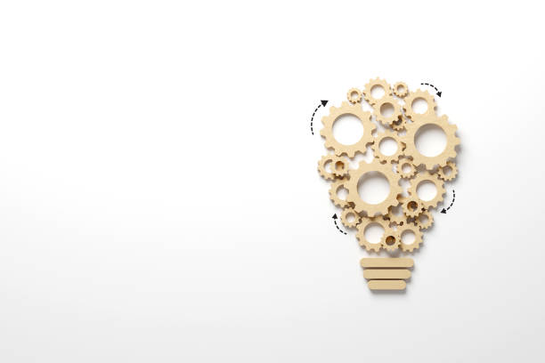istock Business process and workflow automation with flowchart. Wooden cog flowing process management lightbulb shape on white background. 3d illustration 1848940392