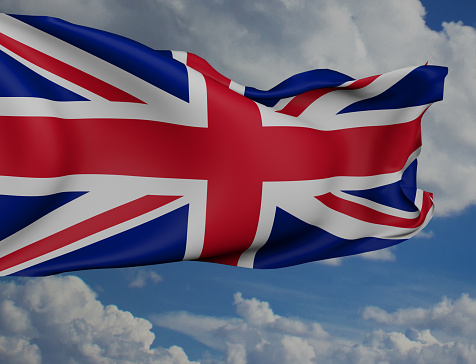Union Flag (or Union Jack or  British flag) over blue sky. 3d rendering illustration.