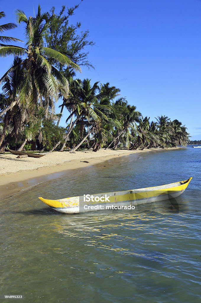 Playa tropical coco y árboles, canoa - Foto de stock de Aire libre libre de derechos