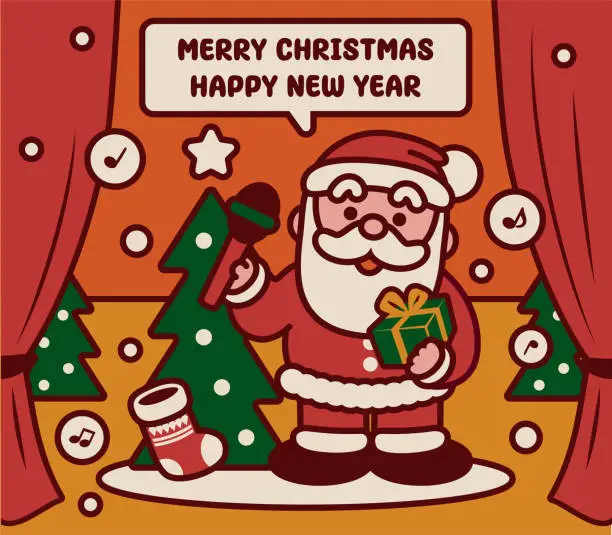 Vector illustration of Adorable Santa Claus carrying a Christmas present blesses everyone announces good news with a microphone and wishes You a Merry Christmas and a Happy New Year