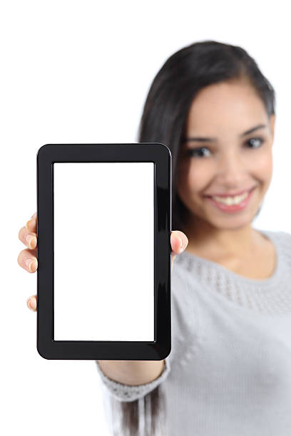 istock Pretty woman showing a blank vertical tablet screen isolated 184899024