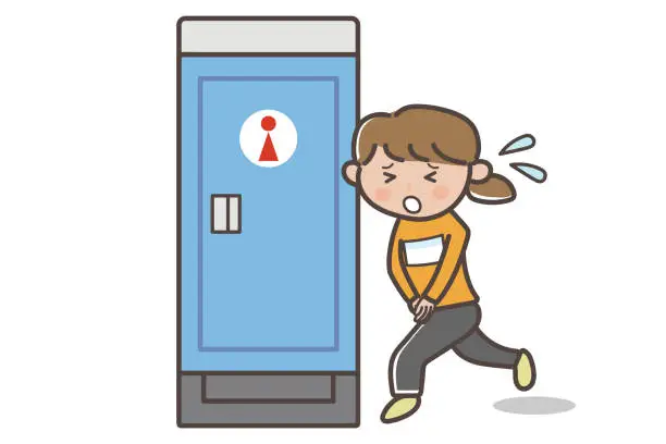 Vector illustration of Illustration of a woman running into a temporary toilet during a marathon event