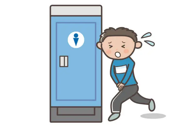 Vector illustration of Illustration of a man running into a temporary toilet during a marathon event.