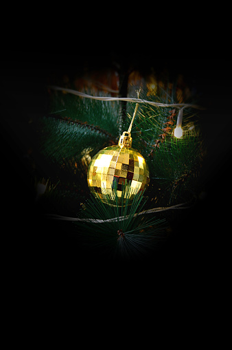 Christmas decoration - Closeup of golden ball hanging in tree. See portfolio for more pics and illustrations of Christmas.