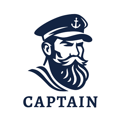 Boat charter captain icon. Mustache bearded sailor symbol. Maritime skipper emblem. Vintage nautical seafarer label. Vector illustration.