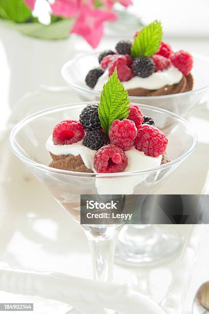 Chocolate Mousse With Raspberries And Cream Stock Photo - Download Image Now - Baked, Brown, Chocolate