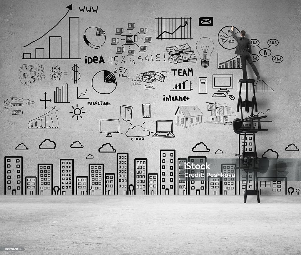 businessman drawing business concept man standing on stool and drawing business concept Adult Stock Photo