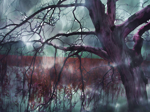 Digital illustration art. Mysterious, Dark and abandoned lake.