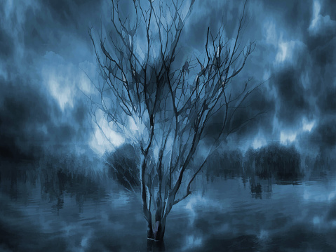 Digital illustration art. Mysterious, Dark and abandoned lake.