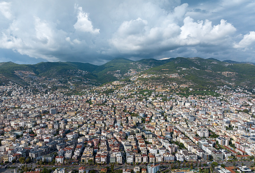 Aerial vide of Alanya City Center in Antalya, Turkey.  Taken via drone