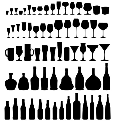 Collection of different drinks and bottles isolated on white background.