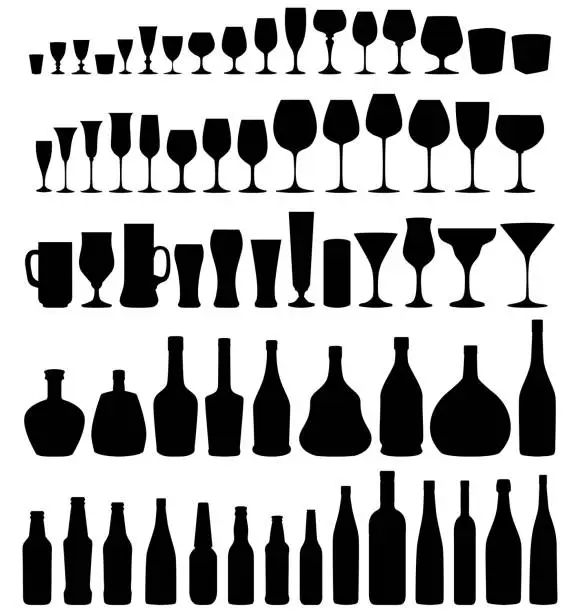 Vector illustration of Glass and bottle vector silhouette set.