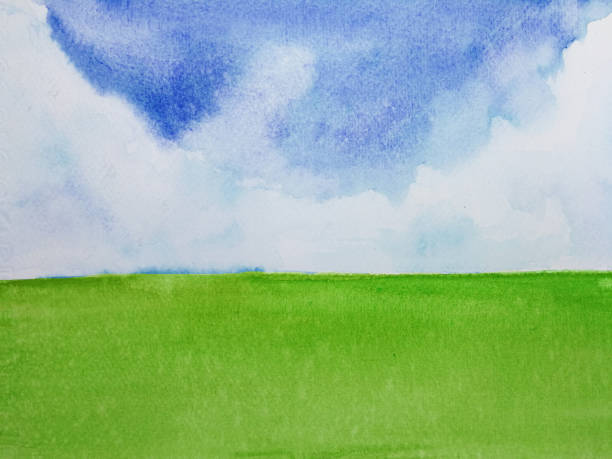 istock watercolor landscape hill green meadow field with blue sky.hand drawn on paper. 1849068384
