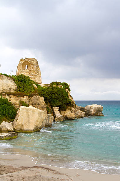 The bay and the cliffs with the Saracen tower. Under the beach of Torre dell'Orso.