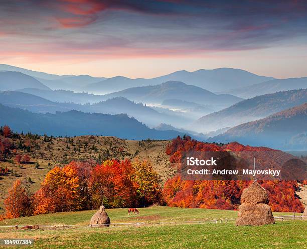 Colorful Autumn Sunset In The Carpathian Mountains Stock Photo - Download Image Now - Agriculture, Autumn, Cloud - Sky