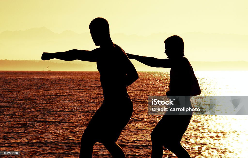 Homens de silhueta praticando artes marciais - Foto de stock de Adulto royalty-free