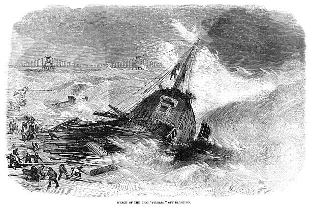 Wreck  of the brig 'Pilgrim' off Brighton (1857 engraving ILN) "The coal-brig 'Pilgrim', out of Middlesbrough and weighing 160 tons, wrecked on the beach at Brighton, Sussex. Locals are eagerly salvaging what they can. Engraving from 'Illustrated London news', 1857." sinking ship pictures pictures stock illustrations