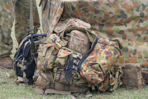 Australian army camouflage bags and clothing.