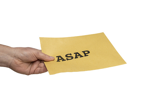 a man handing out an envelope with the message As Soon As Possible with a transparent background