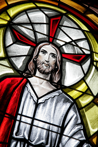 Stylized stained glass Christian imagery.