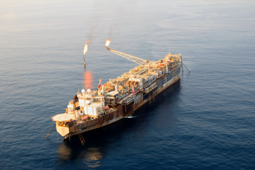 Aerial photograph of an oil rig type known as an FPSO.