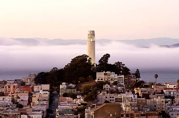 Photo of Foggy cityscape overview of Coit Tower in San Francisco