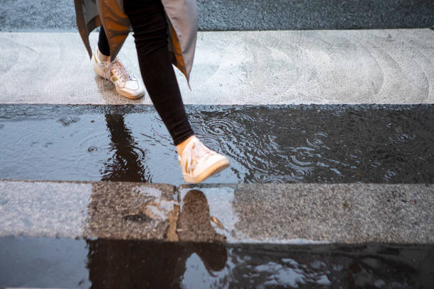 istock Person walking over a zebra crossing in the rain 1849098095