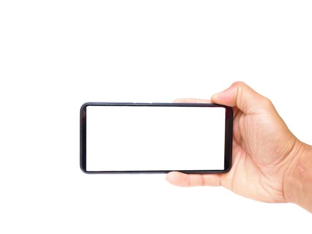 istock Male hand holding a white screen horizontally on a white background business idea. 1849098626