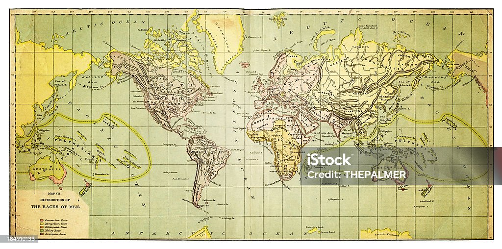 map of the world: races map of the world showing distribution of races during 1882 Africa stock illustration