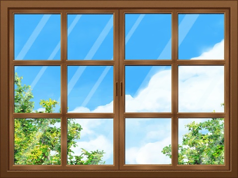 Western style retro double casement window/brown/blue sky