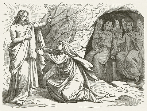 Mary Magdalene and the Risen Jesus (John, Chapter 20). Woodcut engraving after a drawing by Julius Schnorr von Carolsfeld (German painter, 1794 - 1872), published in 1877.