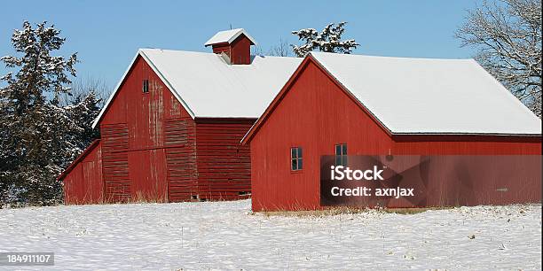 Establo Rojo Con Blanco Nieve Y Verde De Los Árboles Foto de stock y más banco de imágenes de Blanco - Color