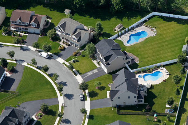 istock Aerial Suburban Subdivision Swimming Pools 184911474