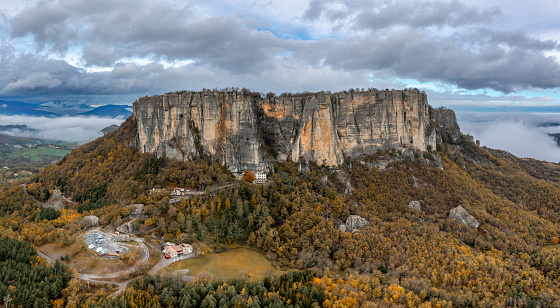 A drone view of the Pietra di Bismantova mesa and mountain landscape near Castelnovo 'ne Monti