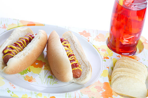 hotdog déjeuner avec des chips de pommes de terre - barbecue lunch dinner loin photos et images de collection