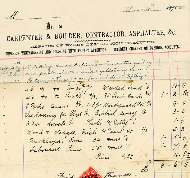 Sections of two builder's bills from 1903 and 1908 Cropped image of two old receipted bills issued by a British building company in the early 1900s.Please see my lightboxes for lots more financial documents and other items. 1908 stock pictures, royalty-free photos & images