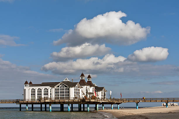 Panorama of beach chairs in front of the sea bridge in Sellin on Rugen island, Germany