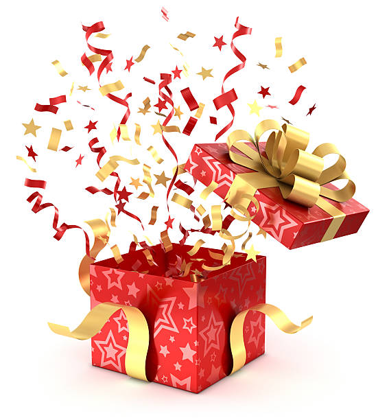 Red gift box and confetti with clipping path stock photo