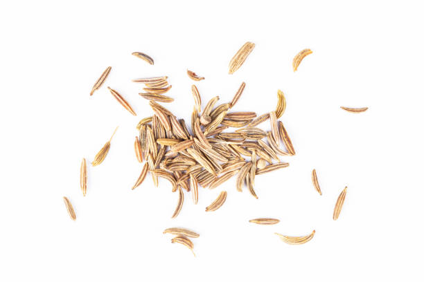 cumin seeds isolated on white background, caraway seeds macro stock photo