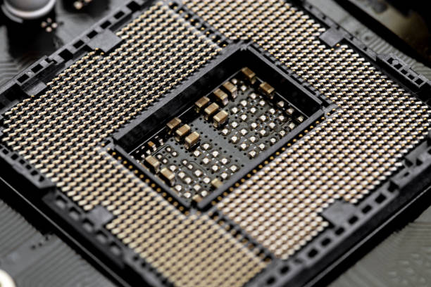 CPU socket closeup view, Central Computer Processor macro stock photo