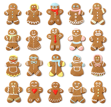 Twenty high-resolution gingerbread cookie people on pure white with slight shadow. Faces and expressions vary, some are odd and unusual, some are comical, and some are traditional.  All are delicious. 