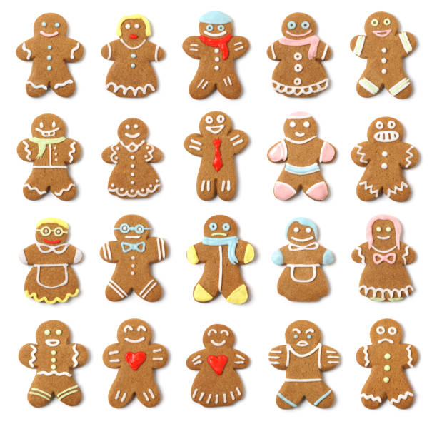 Isolated Gingerbread People Collection Assortment Twenty high-resolution gingerbread cookie people on pure white with slight shadow. Faces and expressions vary, some are odd and unusual, some are comical, and some are traditional.  All are delicious.  gingerbread man stock pictures, royalty-free photos & images