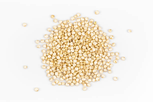 A pile of raw white quinoa isolated on a white background, top view stock photo