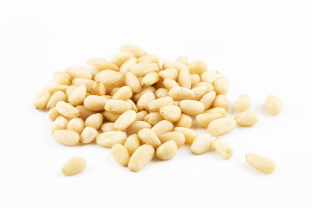 pine nuts isolated on a white background, cedar pine nut stock photo