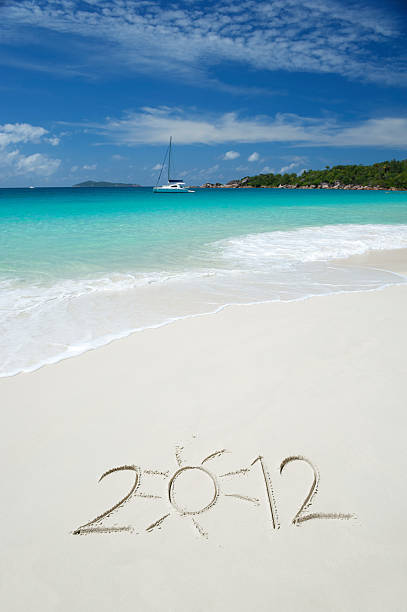 istock Bright 2012 Message with Sun on Vibrant Tropical Beach 184914075