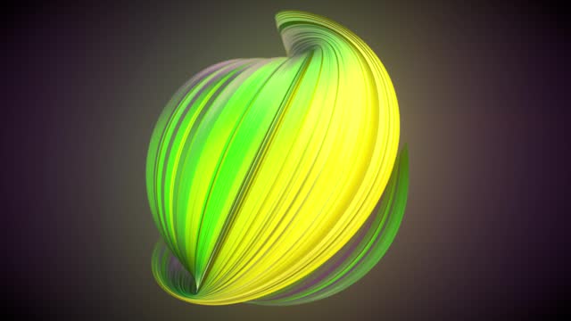 Digital seamless loop animation of a twisted, brightly colored abstract sphere in green and yellow. 3d rendering 4K