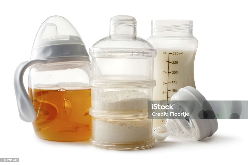Coisa para Bebé: Suco e de leite em pó - Royalty-free Biberão Foto de stock