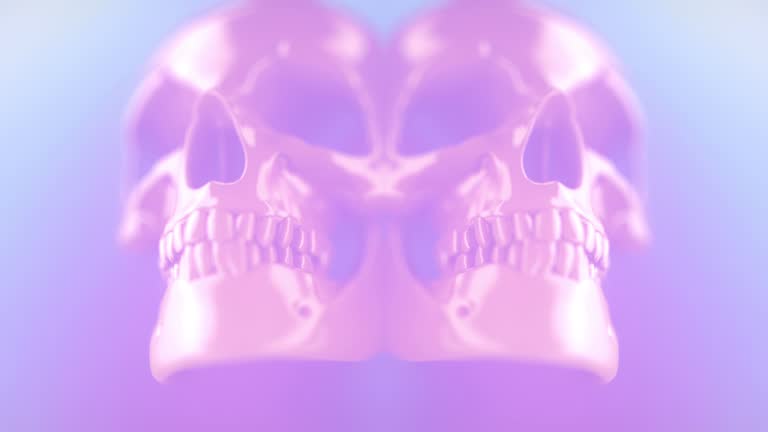 Fantastic symmetrical composition of neon-colored skulls emerging from folds of shiny fabric. Abstract background. 3d rendering digital animation 4K