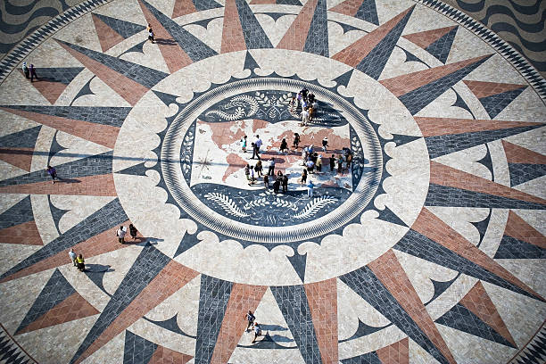 istock Lisbon mosaic Compass rose with world map 184914818