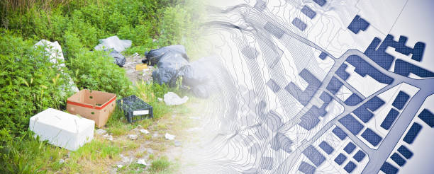 istock Illegal dumping with bottles, boxes and plastic bags abandoned in nature - concept image against a city map 1849156008
